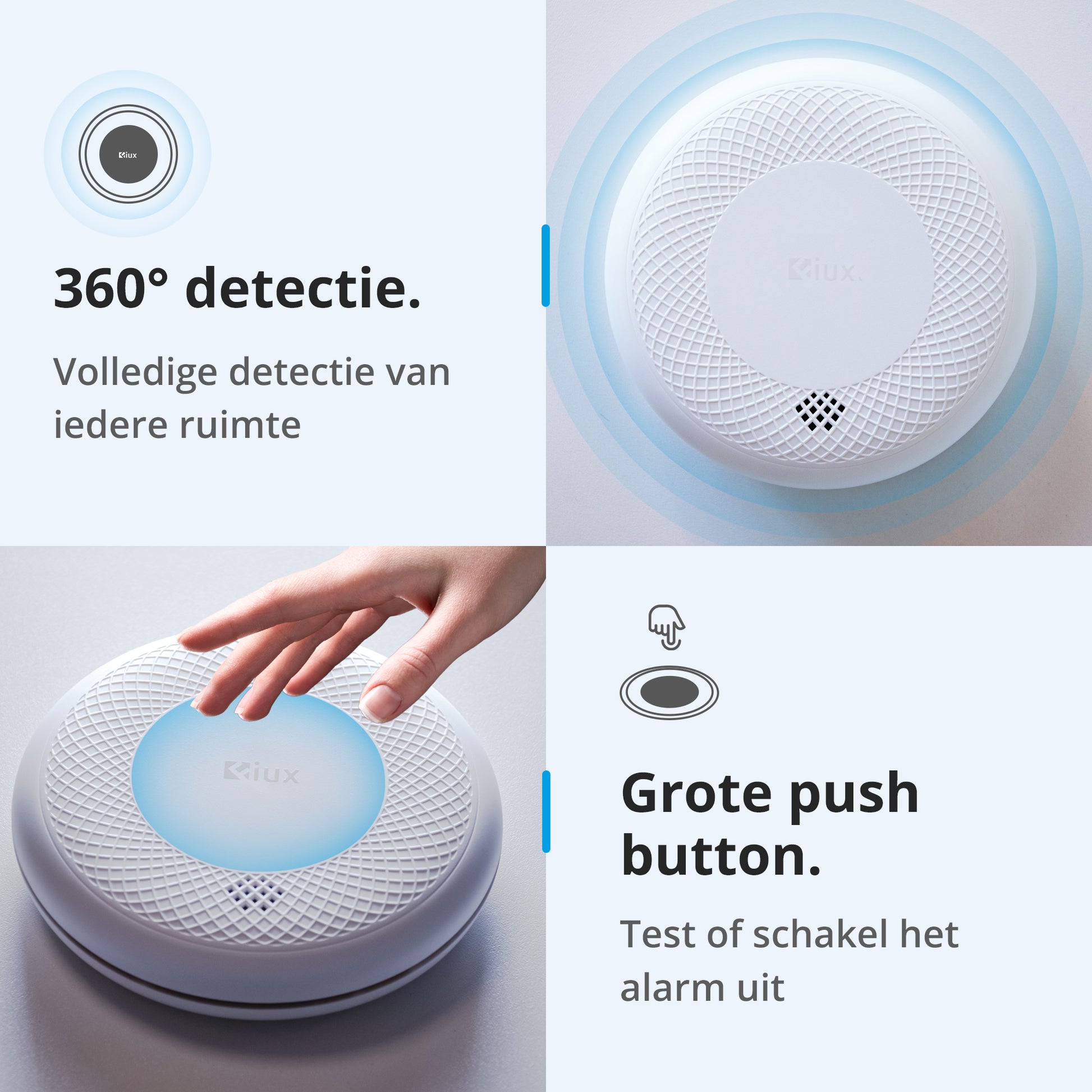 Fiux FXC-1 smoke and carbon monoxide detector, featuring 360-degree detection and large test/silence button for easy operation