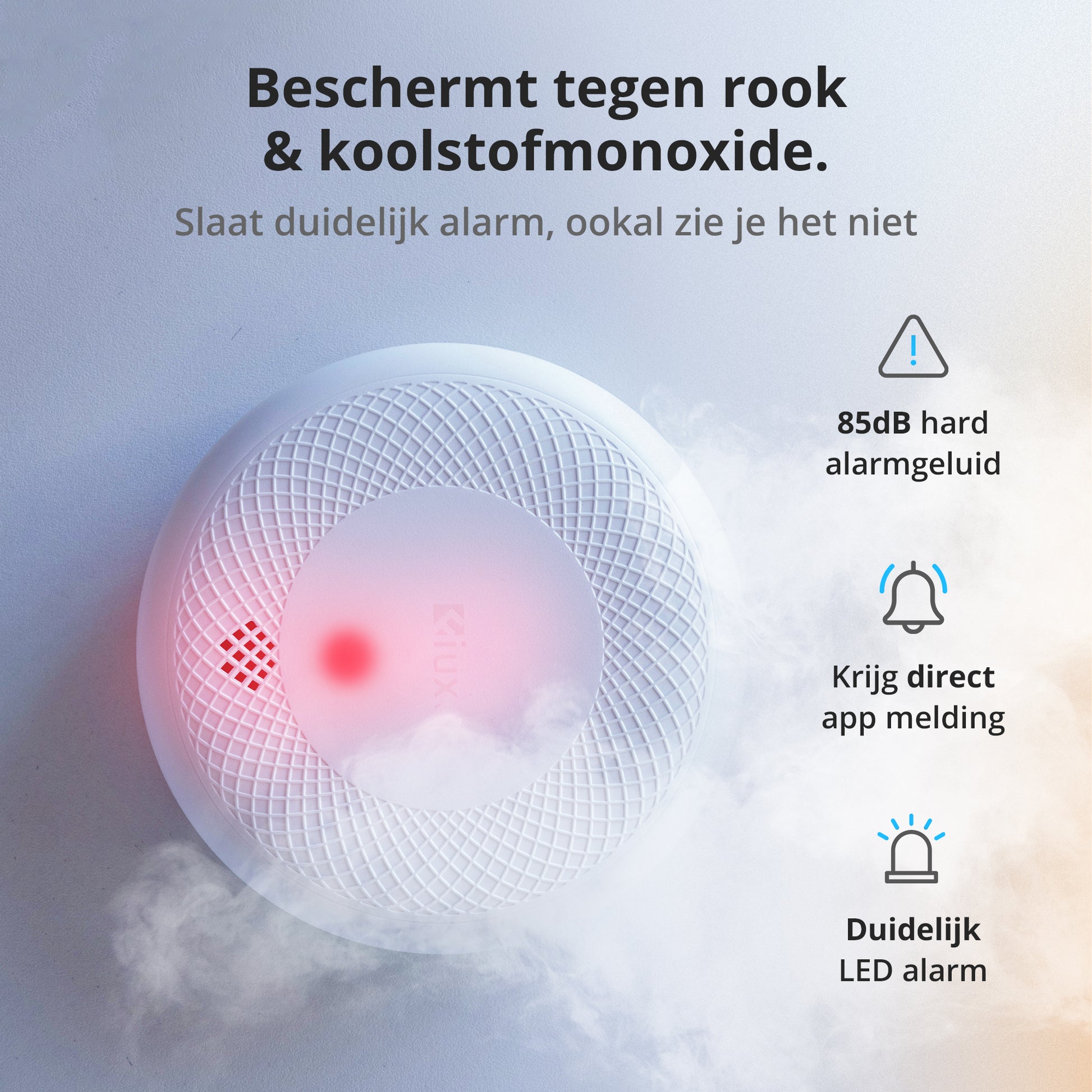 Fiux FXC-1 in alarm mode with red LED, 85 dB sound, smoke detection, and app notification feature