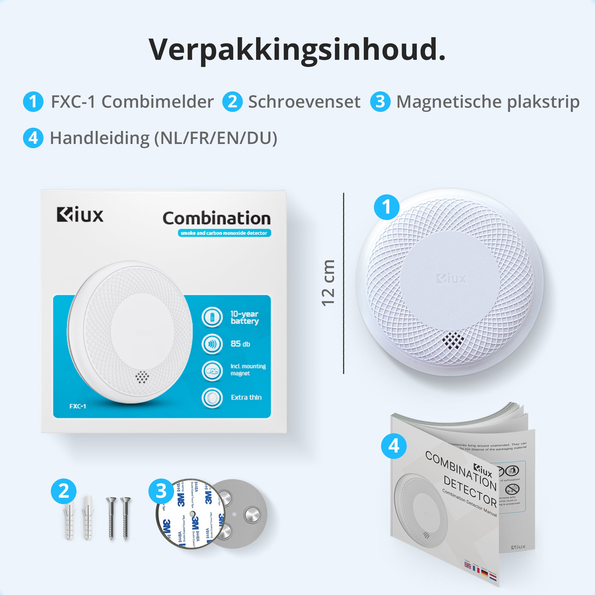 Box contents of Fiux FXC-1 smoke and carbon monoxide detector including mounting screws, magnetic pad, multilingual manual, and product packaging