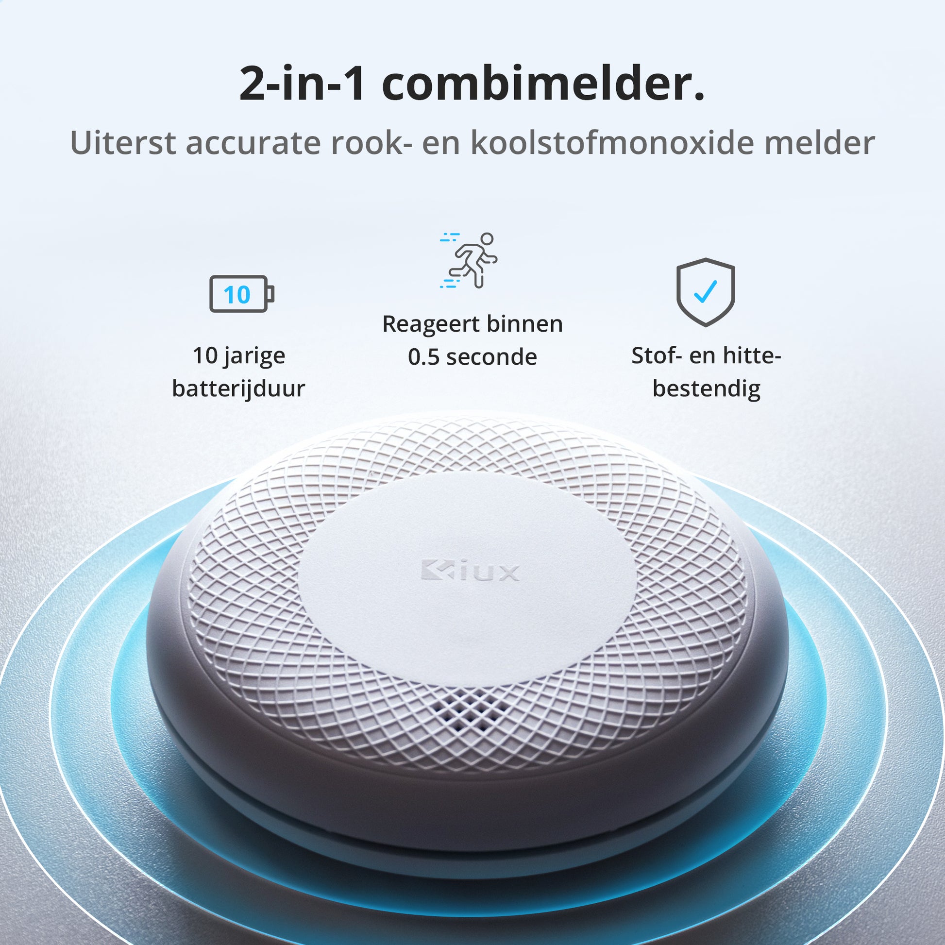 Fiux FXC-1 2-in-1 smoke and carbon monoxide detector, 10-year battery life, reacts in 0.5 seconds, dust and heat resistant smart alarm
