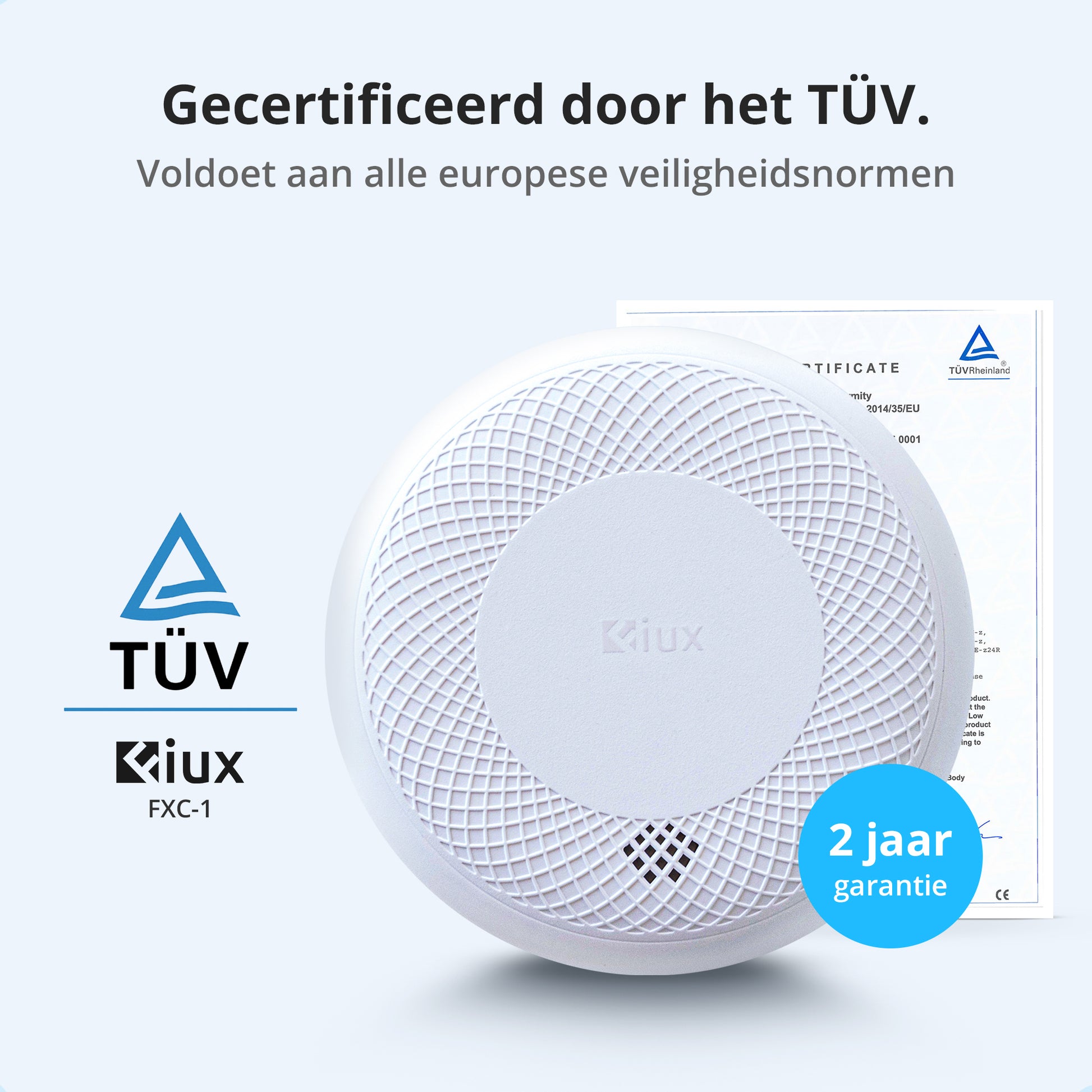 Fiux FXC-1 smoke and carbon monoxide detector TÜV certified, CE marked, compliant with EU safety standards, includes 2-year warranty