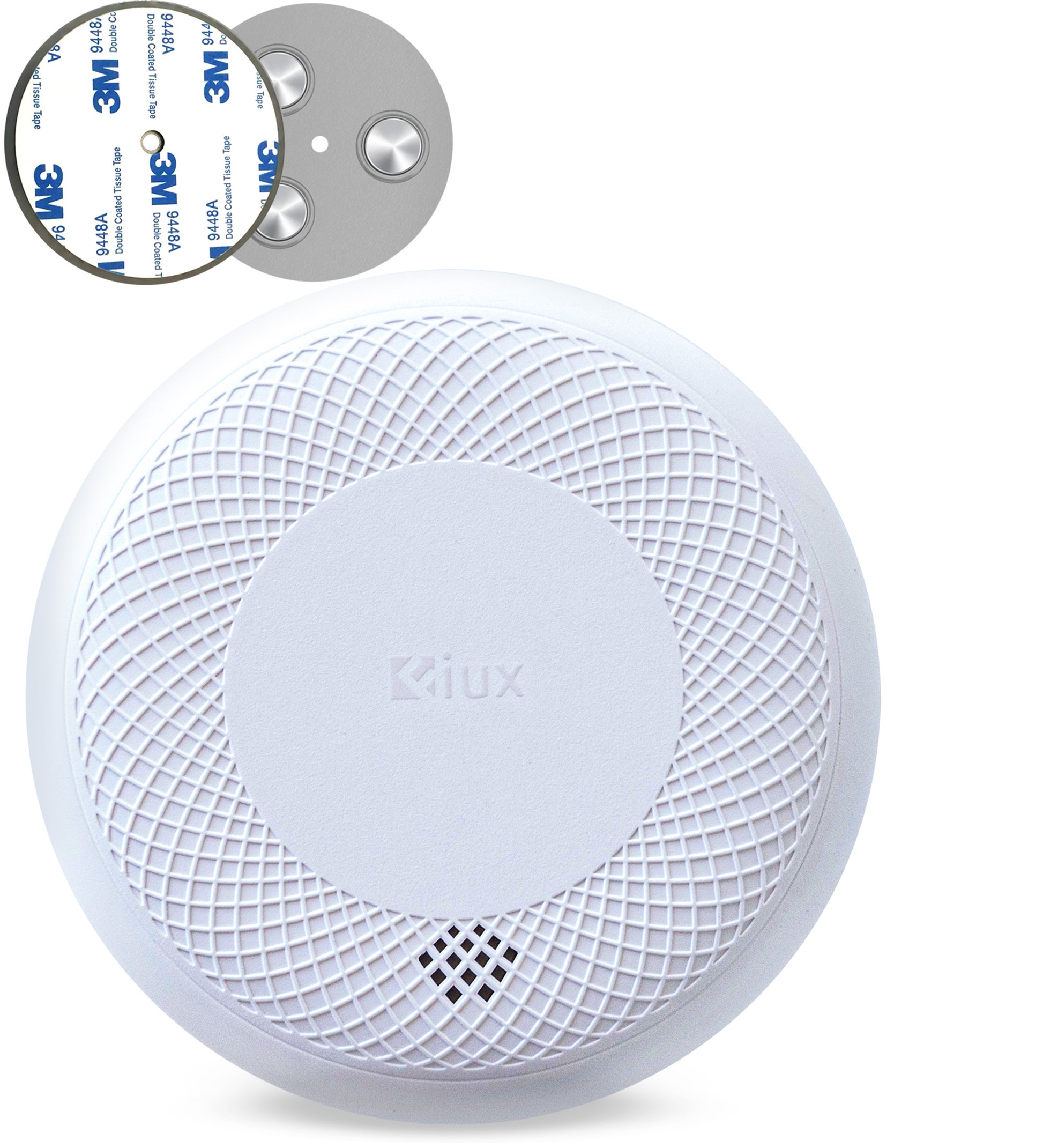 Fiux FXC-1, smoke detector, carbon monoxide alarm, magnetic mounting plate, 3M adhesive, round smart smoke alarm, white compact CO detector